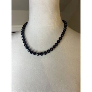 Black Beaded Necklace Silver Tone Rhinestone S-Hook Clasp Round Polished Strand